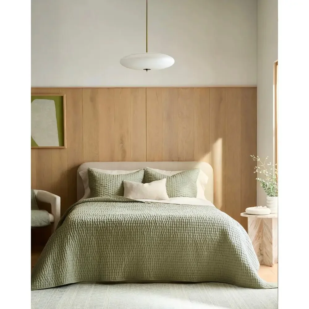 New Quince European Linen Cotton Stitch Quilt 3Pc Set Full Queen Sage $190 MSRP